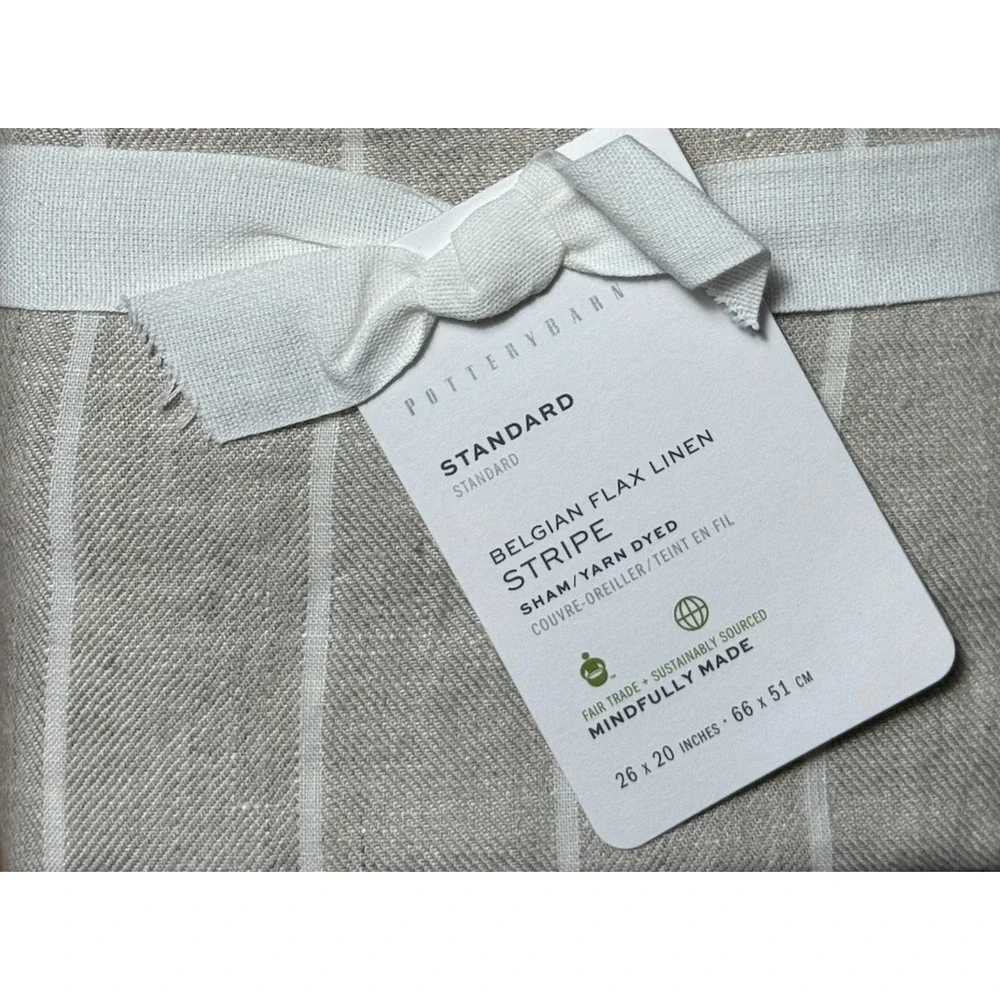 Pottery Barn Belgian Flax Linen Striped Standard Pillow Sham Flax Ivory 26x20